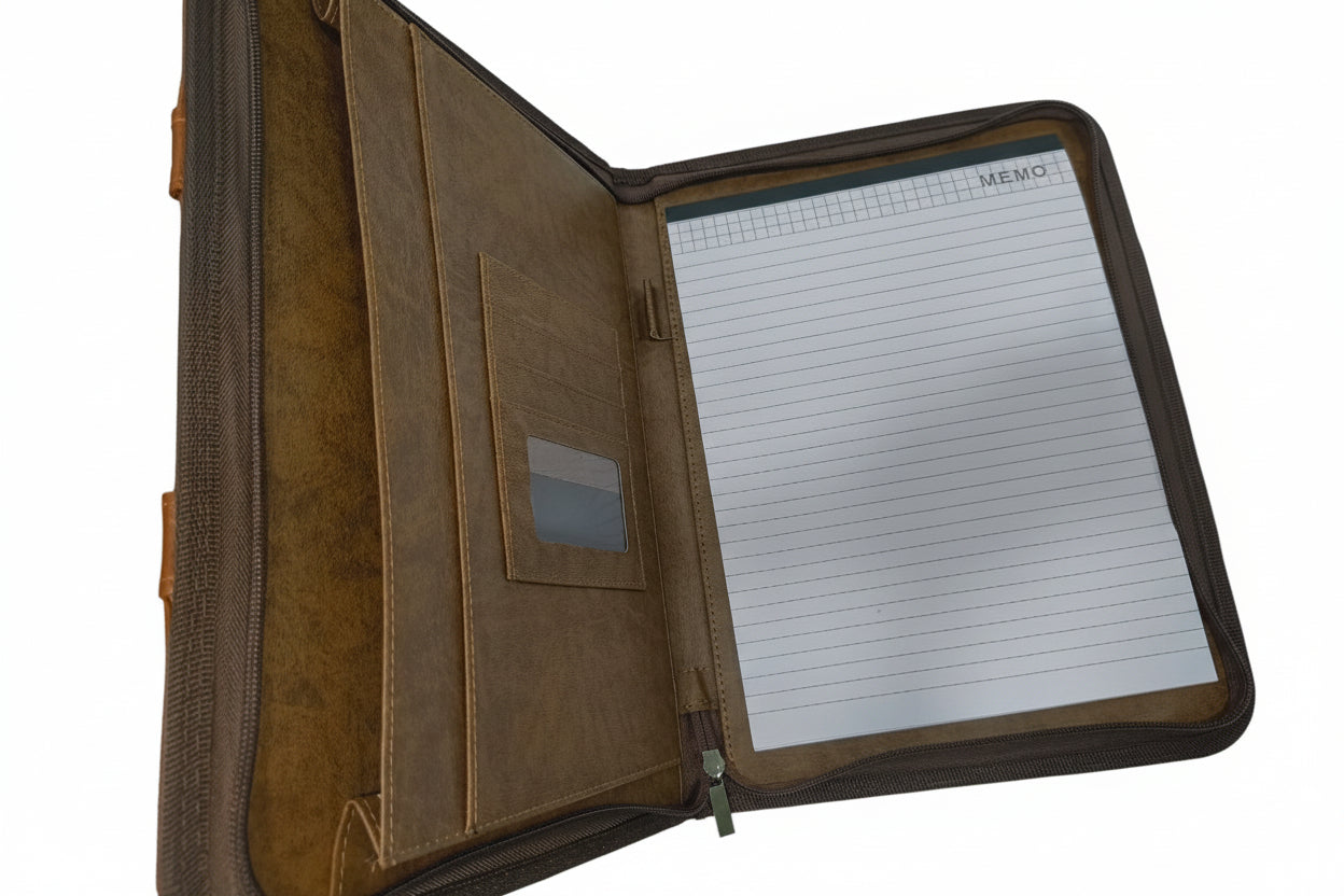 Flaps Up Leather Document Holder with Zipper & Notepad