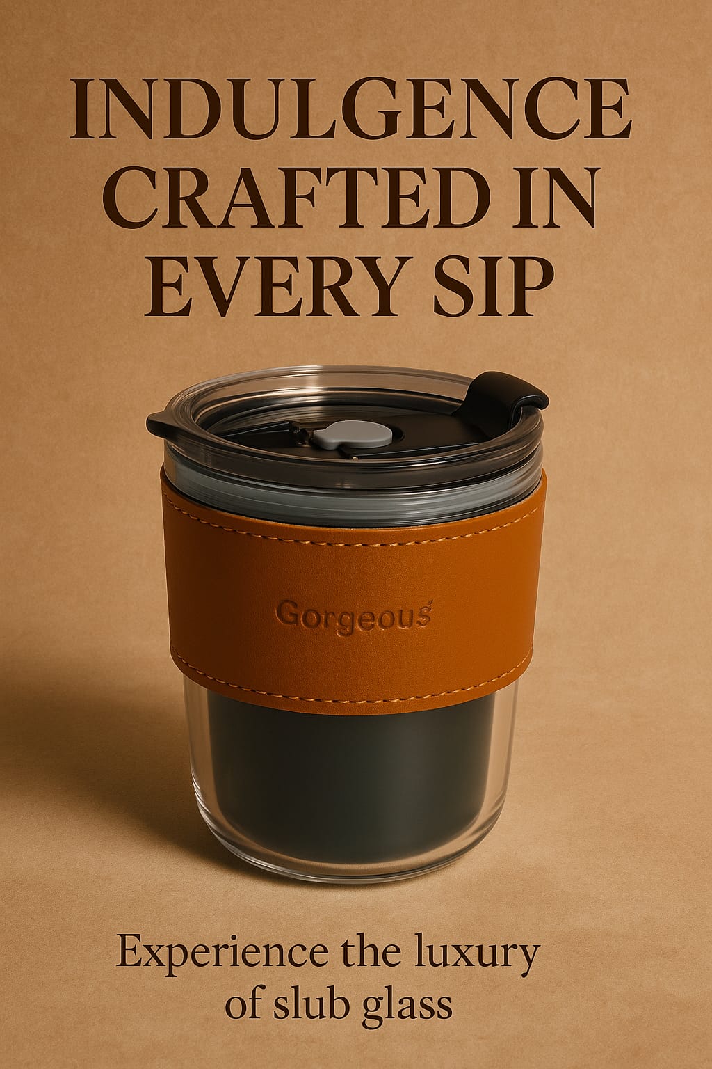 Gorgeous Luxe Slub Glass Cup – Double-Walled with Leather Grip & Spill-Resistant Lid