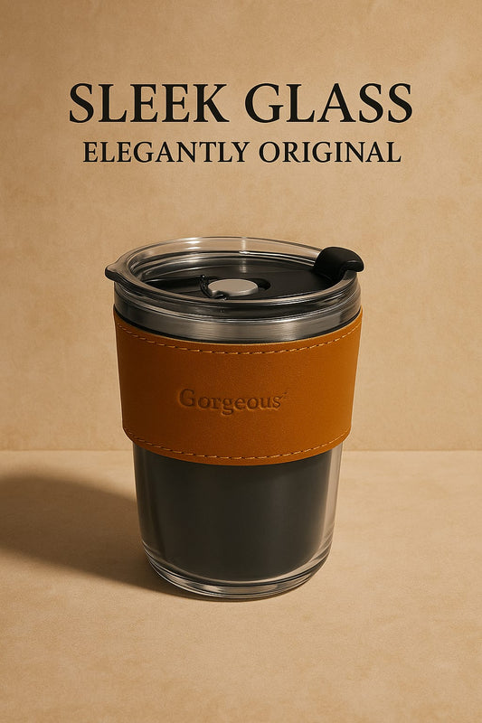 Gorgeous Luxe Slub Glass Cup – Double-Walled with Leather Grip & Spill-Resistant Lid