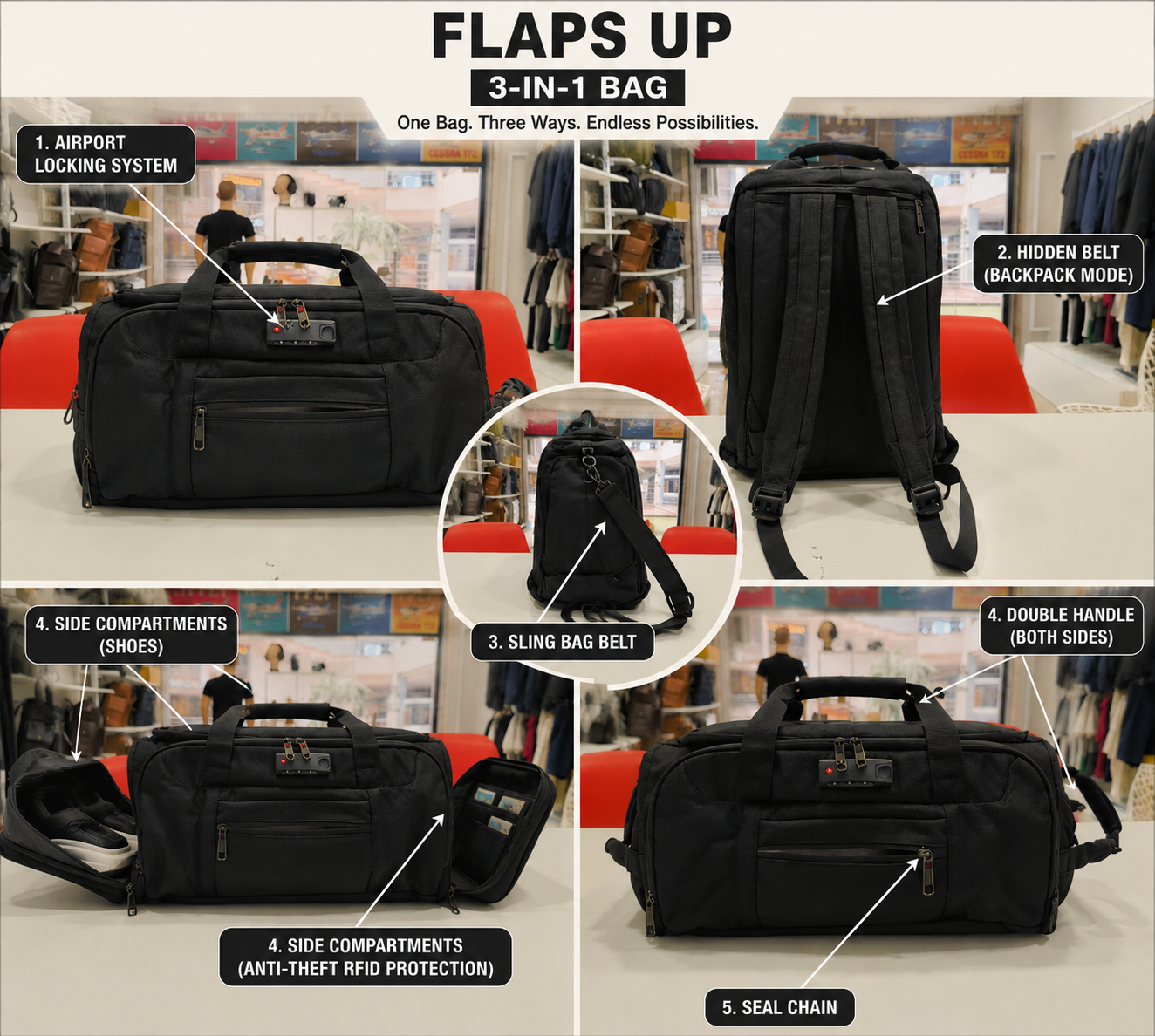 Flaps Up Three In One Bag