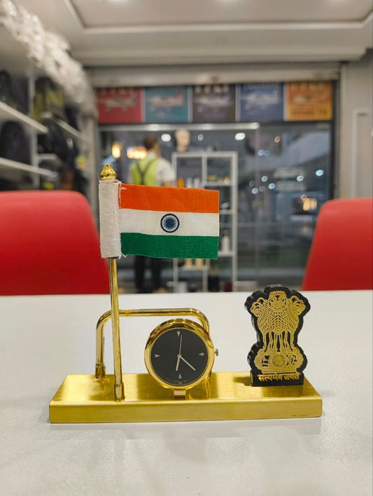 Premium Indian Flag Desk Set with Clock & Ashoka Emblem