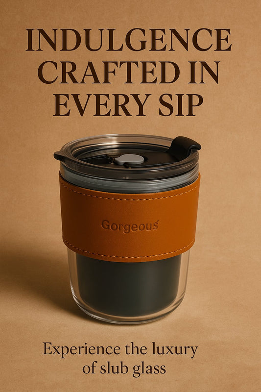 Gorgeous Luxe Slub Glass Cup – Double-Walled with Leather Grip & Spill-Resistant Lid